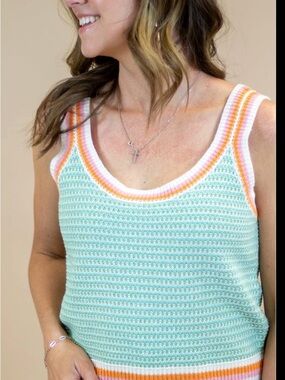 Uncharted Threads Crochet Mint Tank with Pink & Orange Trim